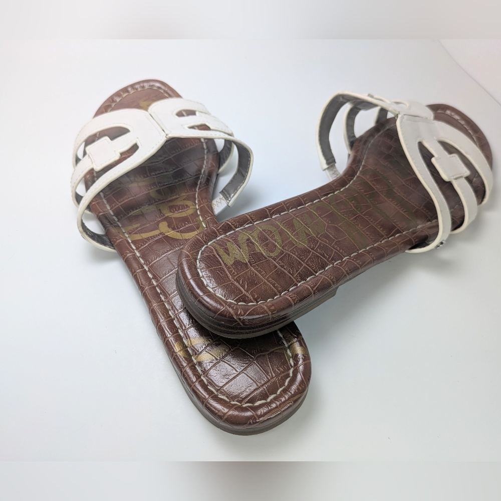 Sam Edelman White Leather Slide Sandals with Brown Footbed - Picture 11 of 16